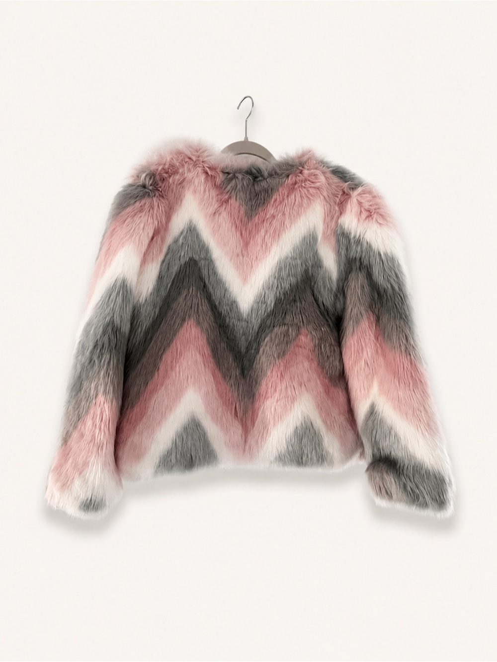 Chevron Faux Fur Jacket in Pink, Gray & White (so chic & fun!)